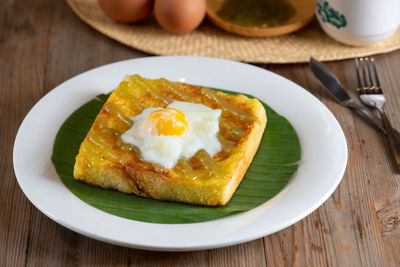 High angle view of breakfast served on table