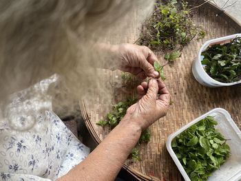 High angle view of woman preparing food