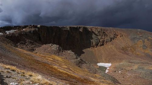 Scenic view of mountains against cloudy sky