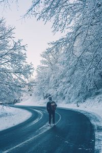 Rear view of person walking on snow covered road