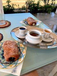 High angle view of breakfast served on table