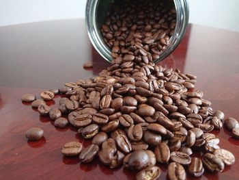 High angle view of coffee beans on table