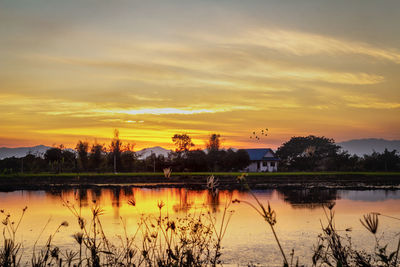 Scenic view of lake against orange sky