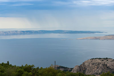 Aerial view of a bay and island in croatia. rainy day