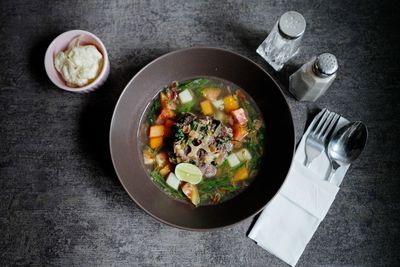 High angle view of soup in bowl