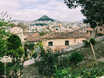 View of old town with mountain peak against peak