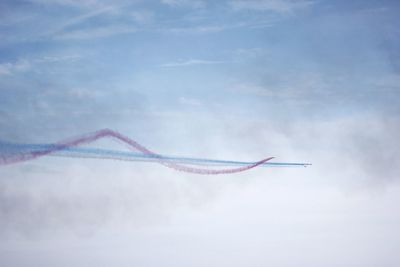 Low angle view of airplane flying against sky