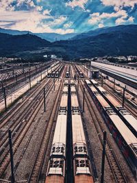 High angle view of train at railroad station platform