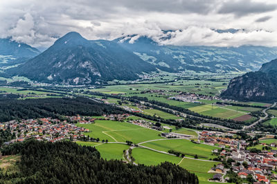 High angle view of trees on field against sky