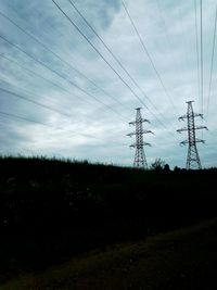 Electricity pylon against cloudy sky