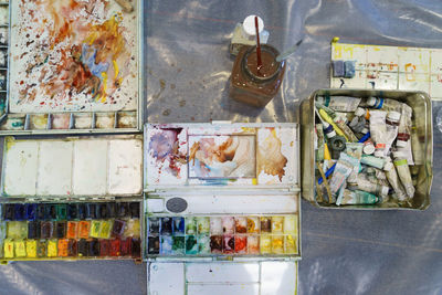 Directly above shot of art and craft equipment on table