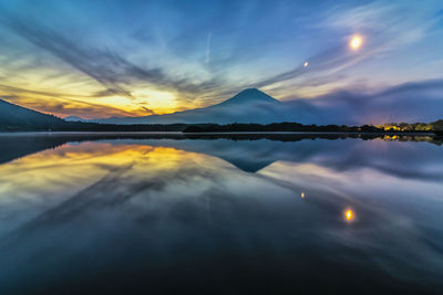 Scenic view of lake against sky at sunset