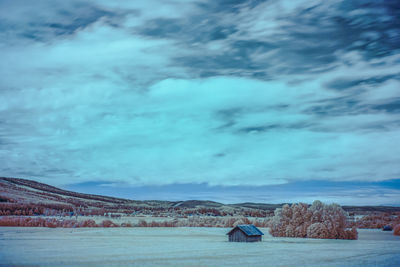 Scenic view of snowy field against sky