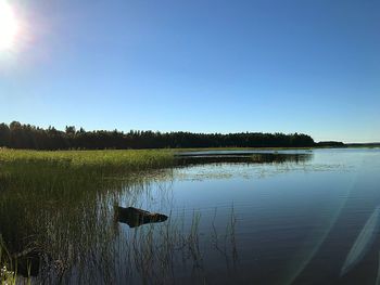 Scenic view of lake against clear blue sky