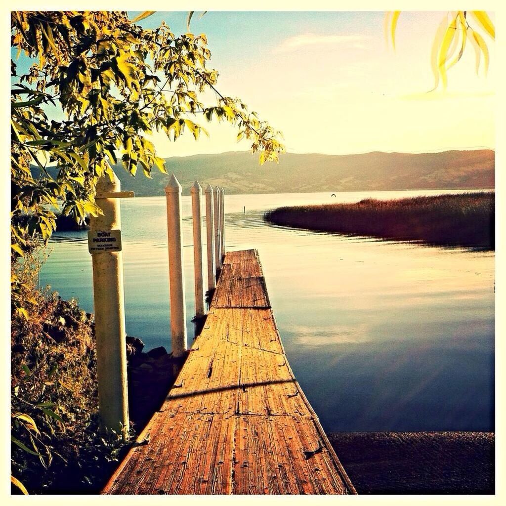 water, tranquility, tranquil scene, sea, transfer print, the way forward, scenics, tree, sky, beauty in nature, nature, horizon over water, auto post production filter, pier, diminishing perspective, lake, railing, idyllic, no people, outdoors