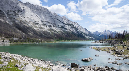 Scenic view of lake and mountains against sky