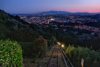 High angle view of railroad tracks against sky at night