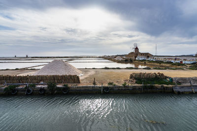 Natural reserve saline dello stagnone with salt evaporation pond and the windmill, marsala, sicily
