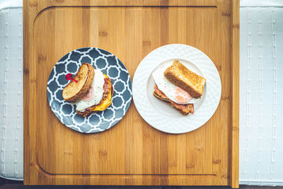 High angle view of breakfast served on table