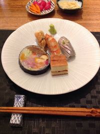 Close-up of sushi served on table