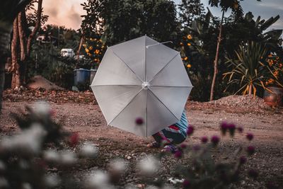 Low section of person with white umbrella on field against plants