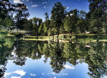 Scenic view of trees by lake against sky