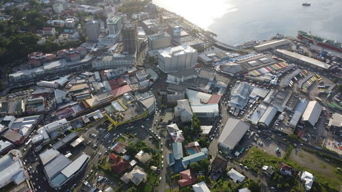 Drone overlooking the capital of fiji, suva city