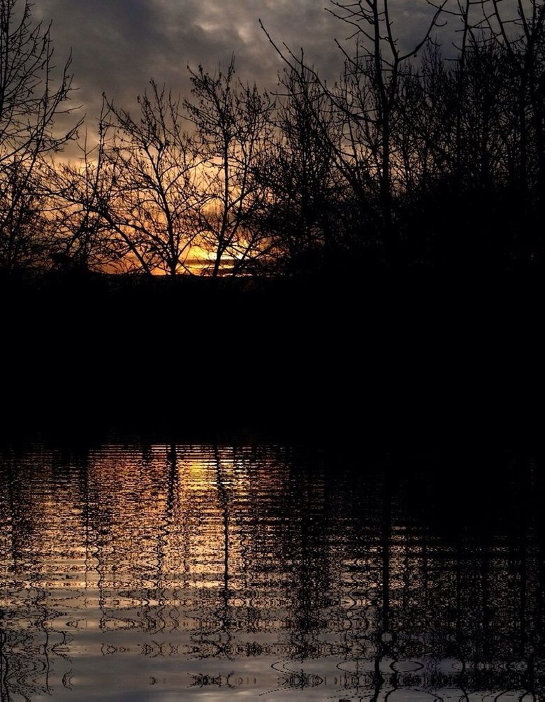 water, bare tree, lake, silhouette, tree, tranquil scene, tranquility, branch, reflection, scenics, beauty in nature, sunset, nature, waterfront, rippled, sky, river, idyllic, no people, outdoors