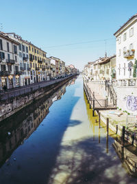 Canal amidst buildings against clear sky in city