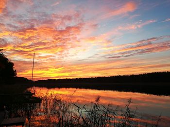 Scenic view of lake against orange sky