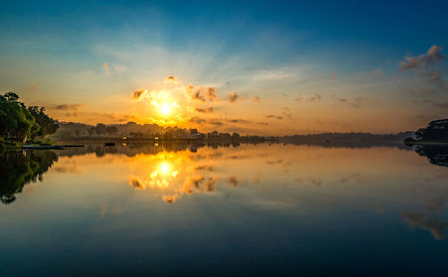 Scenic view of lake against sky during sunset