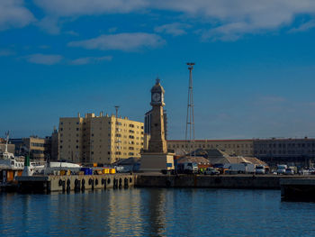 River and buildings in city against sky