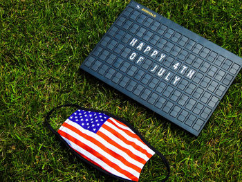 High angle view of flag on field