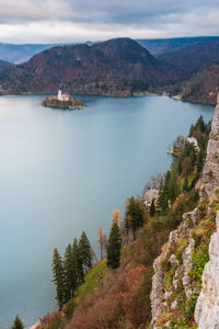 Island in lake bled. dreamlike atmosphere for the church of s. maria assunta. slovenia