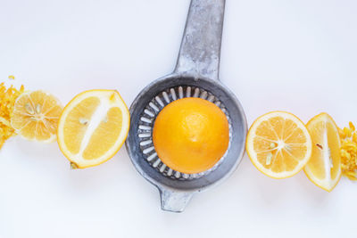 Directly above shot of orange slices against white background