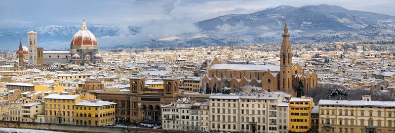 Aerial view of buildings in city during winter