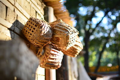 Wicker baskets hanging on wall