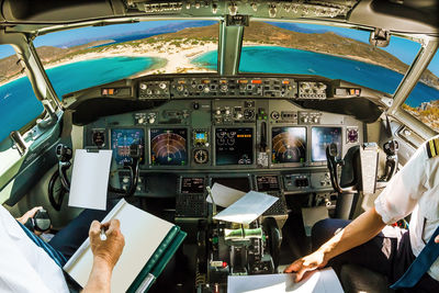 High angle view of airplane cockpit