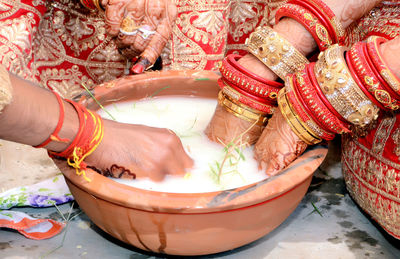 High angle view of people in pot