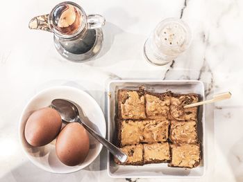 High angle view of breakfast on table