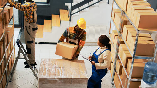 High angle view of man working at construction site