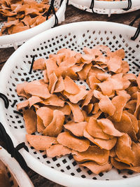 High angle view of cookies in plate on table