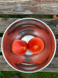 High angle view of tomatoes in bowl on table