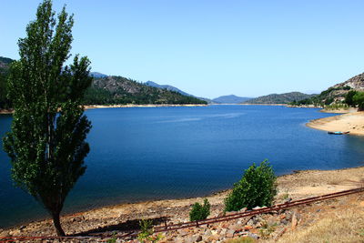 Scenic view of sea against clear blue sky