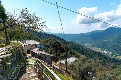 High angle view of plants and mountains against sky