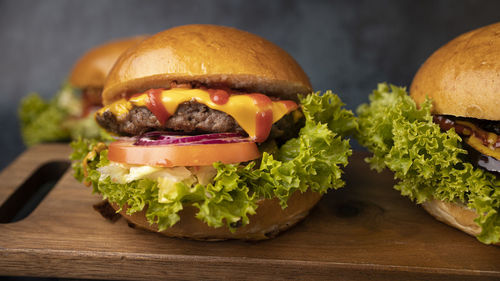 Close-up of burger on table