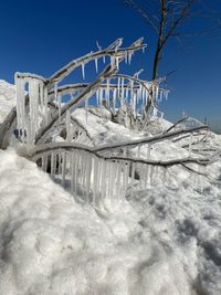Low angle view of snow on field against clear sky