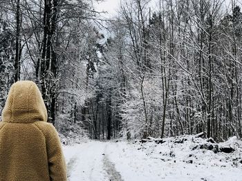 Rear view of bare trees on snow covered landscape