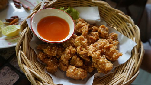 High angle view of food in plate on table