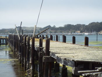 Wooden posts in sea against clear sky